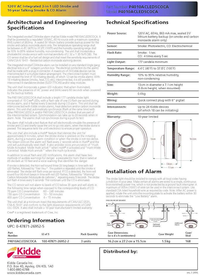 Kidde P4010ACLEDSCOCA 120 VAC Integrated 3-in-1 LED Strobe and 10-Year Talking Smoke & CO Alarm